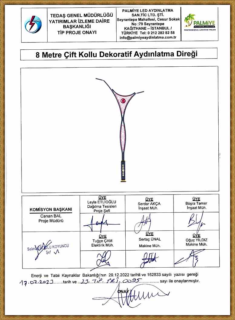 tedaş onaylı aydınlatma direği 8 metre
